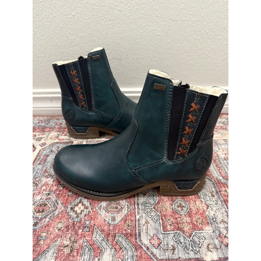 Rieker Teal Leather Faux Fur Lined Ankle Boots Women 40 or 9 Zip Up Winter Warm